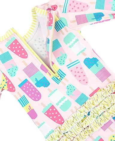 RuffleButts Baby Girls UPF 50+ Sun Protection Novelty Print Long Sleeve One Piece Rash Guard Swimsuit with Zipper - Ice Cream Social, 18-24m - Image 6
