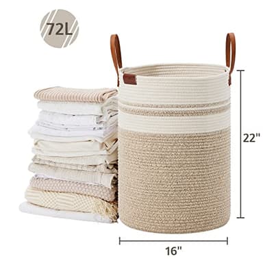 VIPOSCO Tall Laundry Basket, Large Dirty Clothes Hamper with Leather Handle, Woven Rope Storage Basket for Blanket, Toy In Living Room, Bathroom, Bedroom - 72L Brown & White - Image 5