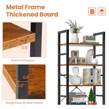 Sweetcrispy Book Shelf, 5 Tier Bookcase, Modern Tall Bookshelf for Garage Kit, CDs, Movies, Industrial Corner Storage Organizer for Bedroom Home Office Kitchen Living Room, Rustic Brown - Image 4