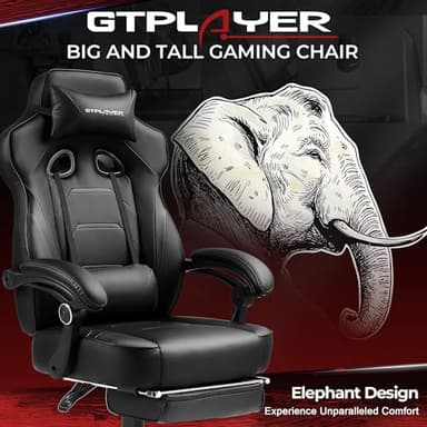 GTPLAYER Gaming Chair with Footrest, Big and Tall Computer Game Chair 350lb Racing Style, Ergonomic High Back Lumbar Support and Recliner, Black - Image 3