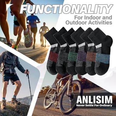 Anlisim Merino Wool Quarter Hiking Socks Compression Warm Thermal Winter Thick Cushion Running Moisture Wicking No Show Socks Gifts Stocking Stuffers for Women Men 6 Pairs(Black Mixed,L) - Image 6