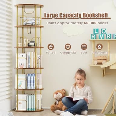 ALLSTAND 5 Tier Rotating Bookshelf, 360 ° Display Stackable Spinning Bookshelf Tower, Narrow Space Saving Tall Floor Standing Swivel Bookcase Corner Storage Organizer for Bedroom, Living Room, Gold - Image 4