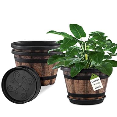 Quarut 3 Pack 10 inch Plant Pots,Whiskey Barrel Planters with Drainage Holes & Saucer, Plastic Decoration Flower Pots Imitation Wine Barrel Design, for Indoor & Outdoor Garden Home Plants (Brown) - Image 1