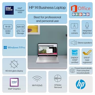 HP 14” Flagship Laptop 2025 AI-Powered Computer, Office Lifetime, Student Business, 4-Core Intel CPU, 16GB RAM 628GB Storage (128GB UFS+ 500GB Ext), Long Battery HubxcelAccessory Win 11 Pro Lavender - Image 3