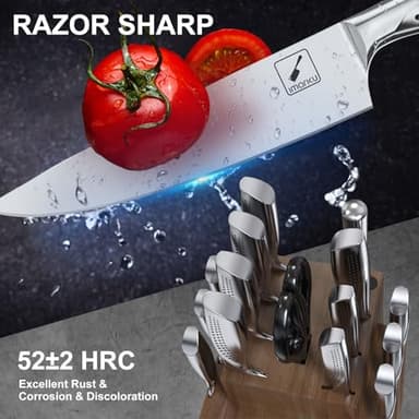 imarku Knife Set, 16PCS High Carbon Stainless Steel Kitchen Knife Sets with Block Ultra Sharp Knife Block Set, Japanese Knife Set with Dotted Non-slip Ergonomic Handle, Dark Brown, Best gifts - Image 4