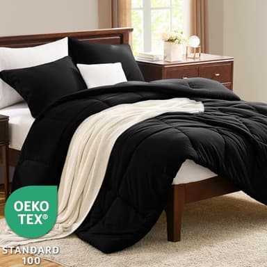 CozyLux Queen Comforter Set Black - 3 Pieces Box Stitched Comforters Queen Size, Soft Bed Set for All Seasons, Lightweight Bedding Sets with 1 Down Alternative Comforter and 2 Pillow Shams - Image 3