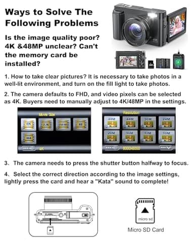 4K Digital Camera for Photography and Video, Autofocus Anti-Shake 48MP Vlogging Camera for YouTube, 3'' 180°Flip Screen Camera with Flash 16X Zoom, Digital Camera with 32GB Card Battery Charger Black - Image 8