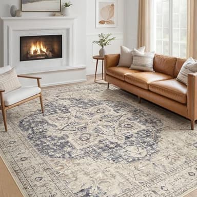 Tortania Area Rug Living Room Rugs - 7x9 Washable Boho Rug Vintage Oriental Distressed Farmhouse Large Thin Indoor Carpet for Living Room Bedroom Under Dining Table Home Office - Cream Blue - Image 8