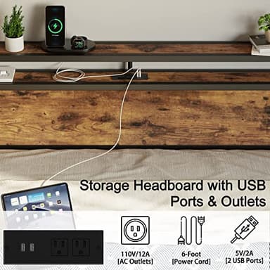 LIKIMIO King Size Bed Frame with 4 Storage Drawers, 2-Tier Storage Headboard with Charging Station, Double Bed Frame King Size for Bedroom, No Box Spring Needed, Easy Assembly, Vintage Brown - Image 4