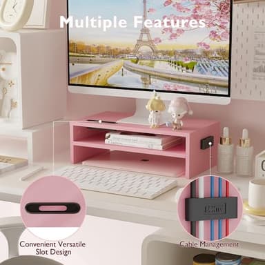 BONTEC Wooden Monitor Stand Riser, 2-Tier Desk Shelf with Storage Organizer, Ergonomic Computer Stand with Cable Management, Cellphone Holder, Pink, 16.5 Inch - Image 5