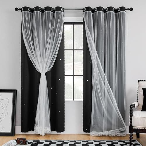 XiDi Black 63x34in Curtain for Bedroom, Girls Room Decor, Living Room, 1 Panel, Blackout Curtains with Laser Cutout Stars, Grommet Top, Washable - Image 1