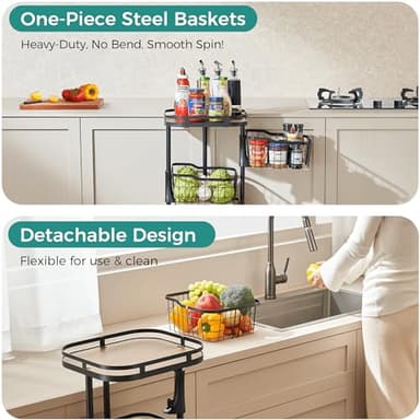 Ocyfym 4 Tier Kitchen Fruit Vegetable Storage Cart with One-Piece Rotating Basket, Pantry Organizer Shelf Rack Floor Stand for Veggie Onion Potato Produce Spice, Rolling Snack Cart on Wheels, Black - Image 3