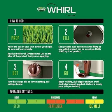 Scotts Whirl Hand-Powered Spreader for Grass Seed, Fertilizer, Salt, Ice Melt, Handheld Spreader Holds up to 1,500 sq. ft. Product - Image 3