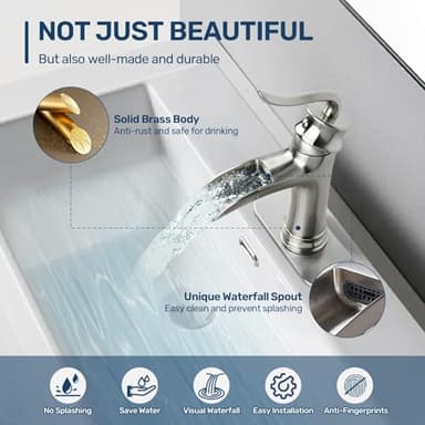 Yodel Faucet Single Handle Waterfall Bathroom Faucet for Sink 1 or 3 Hole with Drain Set,Brushed Nickel - Image 2