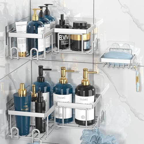 Youvip Adhesive Corner Shower Caddy - No Drilling Wall Mounted Shower Shelves-Rustproof, Organizer for Bathroom with Soap Holder. Silver - Image 1