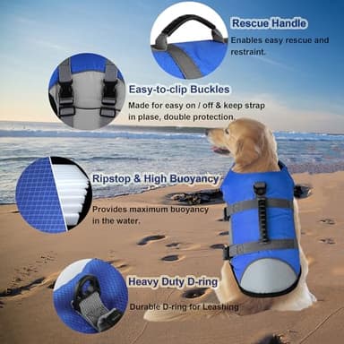 Dogcheer Dog Life Jacket, Reflective Dog Life Vest for Swimming Boating, Adjustable Puppy Swim Vest Ripstop Pet PFD Flotation Vest Preserver Small Medium Large Dogs - Blue Gray XS - Image 3