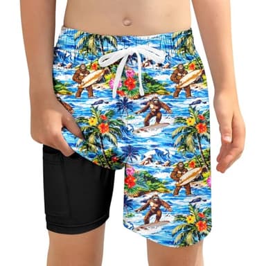 ZenGents Boys Swim Trunks with Compression Liner Toddler Bigfoot Bathing Suit Size 6 7 Kids Boy Hawaiian Board Swimming Short Suits Swimwear - Image 1