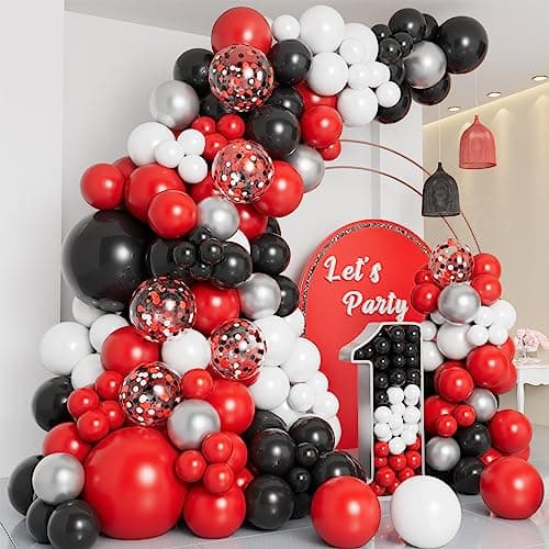 DBKL Red Black and White Balloon Garland Arch Kit with Different Size Red Black White Silver Confetti Balloons for Shower Birthday New Year Graduation Wedding Racing Car Poker Party Decorations - Image 1