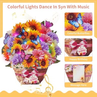 MZD8391 Birthday Cards with MUSIC & LIGHTS, Pop Up Happy Birthday Card, Sunflower & Butterfly, 10 Inch Life Sized Forever Flower Bouquet Gifts for Women Mom Grandma - Image 4