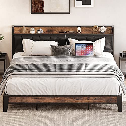 LIKIMIO King Bed Frame, Storage Headboard with Charging Station, Solid and Stable, Noise Free, No Box Spring Needed, Easy Assembly (Vintage and Black) - Image 1