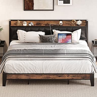 LIKIMIO King Bed Frame, Storage Headboard with Charging Station, Solid and Stable, Noise Free, No Box Spring Needed, Easy Assembly (Vintage and Black) - Image 1