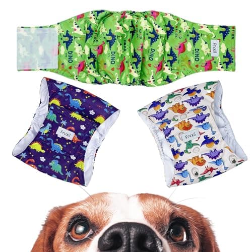 Frvxil Washable Male Dog Diapers: Reusable Belly Bands for Puppy - 3 Pack Absorbent Doggy Wraps (Dinosaur, Medium, Count, 3) - Image 1