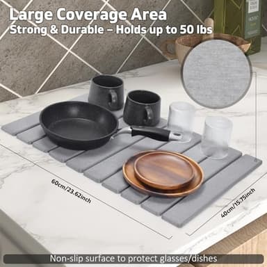 Stone Dish Drying Mat for Kitchen Counter – Collapsible 24"(L)×16 (W) Super Absorbent Diatomaceous Earth Dish Drying Mat, Grey Kitchen Counter Mats for Dishes ,Bottles, Cups, Match Any Countertop - Image 2