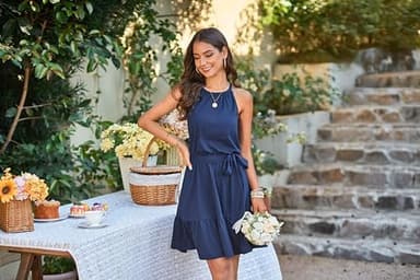 Newshows Womens 2026 Summer Dress Halter Wedding Guest Casual Beach Vacation Outfits Belted Sundresses with Pockets - Image 5