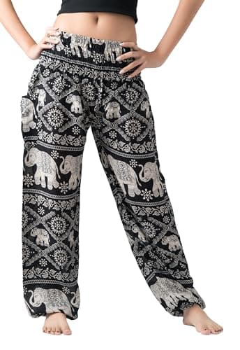 B BANGKOK PANTS Harem Pants Women Hippie Clothes Boho Pants with Pocket (Black Elephant, One Size) - Image 1