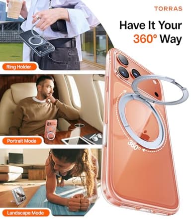 TORRAS Upgraded 360 Rotatable Magnetic Stand for iPhone 17 Pro Max Case, Fit for MagSafe with Ring, Mil-Grade Protection, Camera Control, Anti-Yellowing Slim Case for iPhone 17 ProMax Ostand, Clear - Image 2