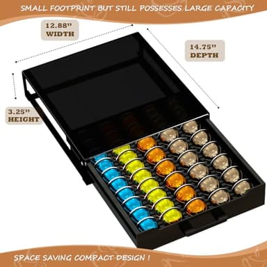 Coffee Pod Holder Drawer Organizer with Deluxe Black Tempered Glass Top, Compatible for Nespresso Vertuo Pods, Holds up to 75 Small or 50 Big Vertuo Pods Compact Design (Piano Black) - Image 2