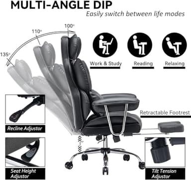 Efomao Desk Office Chair 400LBS, Big and Tall Office Chair, PU Leather Computer Chair, Executive Office Chair with Leg Rest and Lumbar Support, Black Office Chair - Image 8