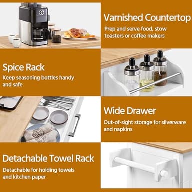 Yaheetech Kitchen Cart with Bamboo Tabletop, 32" Width Rolling Kitchen Island with Drawer and Adjustable Shelf, Storage Cabinet with Spice Rack Towel Bar for Dining Room Kitchen Living Room, White - Image 8