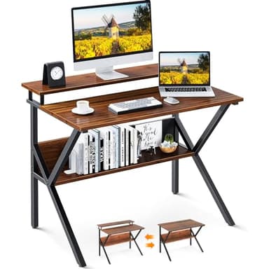 ODK Small Desk, 27.5 Inch Computer Desk for Small Spaces, Compact Desk with Storage, Study Table with Monitor Stand for Home Office, Deep Brown - Image 1