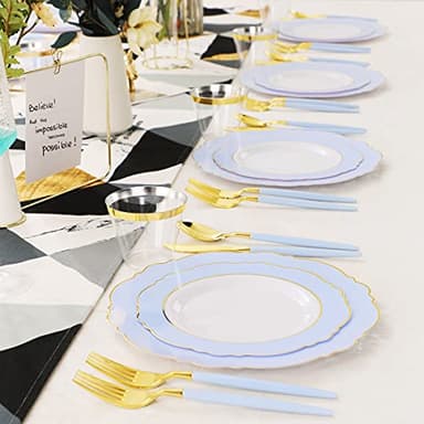WDF 150pieces Baby Blue Plastic Plates with Gold Rim - Disposable Gold Plastic Silverware With Blue Handle-Baroque Light Blue&Gold Disposable Plates Dinnerware for Wedding/Party - Image 5