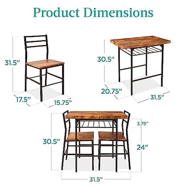 Best Choice Products 3-Piece Modern Dining Set, Space Saving Dinette for Kitchen, Dining Room, Small Space w/Steel Frame, Built-in Storage Rack - Medium Brown/Black - Image 2