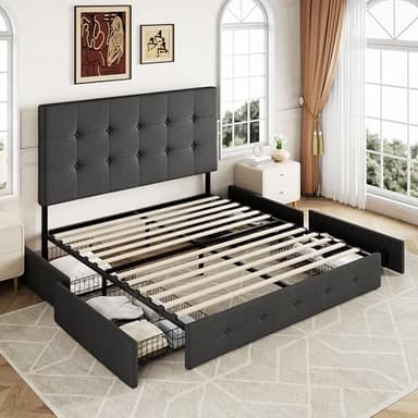 Allewie Upholstered Queen Size Platform Bed Frame with 4 Storage Drawers and Headboard, Square Stitched Button Tufted, Mattress Foundation with Wooden Slats Support, No Box Spring Needed, Dark Grey - Image 8