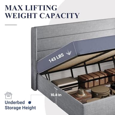 Allewie King Size Lift Up Storage Bed, Modern Wingback Headboard, Hydraulic Support, No Box Spring Needed, Light Grey - Image 5