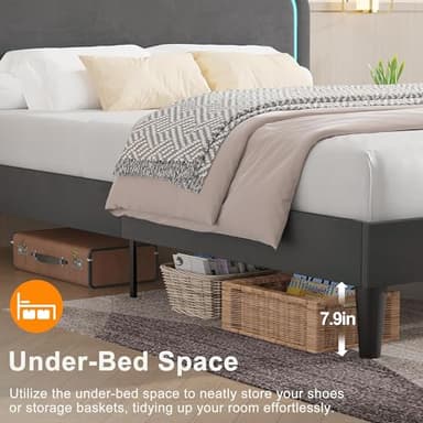 VECELO Upholstered Queen Size Bed Frame with Headboard Adjustable, LED Lights, USB-A & Type-C, Velvet Platform Bed Noise Free, Mattress Foundation with Wooden Slats, No Box Spring Needed, Dark Grey - Image 7