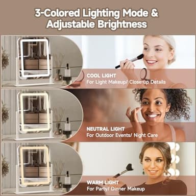 PRIMETEK Vanity Mirror with Lights, 16"x14" Large LED Lighted Makeup Mirror, Hollywood Makeup Mirror, Touch Screen, 3-Color Lighting, 5X Magnification, for Vanity Desk Tabletop, Bedroom, White - Image 3