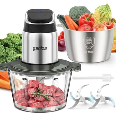Ganiza Food Processor, 2-Speed Food Chopper Meat Grinder with 8 Cup Stainless Steel & 8 Cup Glass Bowls, Upgraded Button & Smart Overheat Protection Light - Includes Clean Brush, 2 Sets of Blades - Image 1