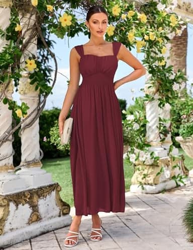 GRACE KARIN 2025 Women's Summer Sleeveless Off Shoulder Solid Flowy A Line Maxi Dresses Wine Red M - Image 3