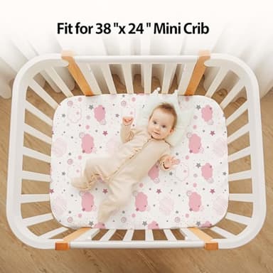 FIEMOL Baby Mini Crib Sheets Girl, Portable 38”x26” Pack and Play Sheets Fitted for Playard and Pack N Play Mattress, 3-Pack Soft Microfiber Pink Rainbow - Image 4