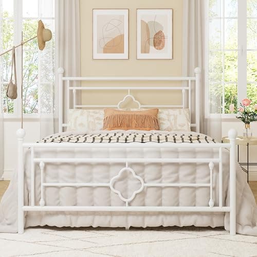 Allewie Queen Size Metal Platform Bed Frame with Victorian Vintage Headboard and Footboard/Mattress Foundation/Under Bed Storage/No Box Spring Needed/Noise-Free/Easy Assembly, White - Image 1