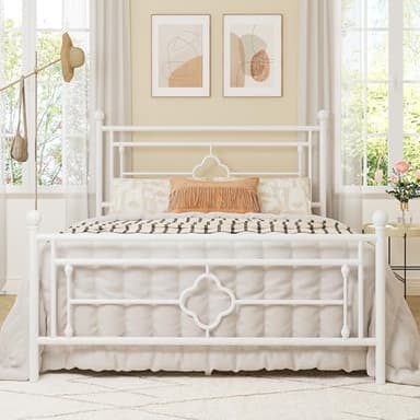 Allewie Queen Size Metal Platform Bed Frame with Victorian Vintage Headboard and Footboard/Mattress Foundation/Under Bed Storage/No Box Spring Needed/Noise-Free/Easy Assembly, White - Image 1