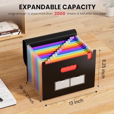 Sooez Accordion File Organizer, 13 Pockets Expanding File Folder, Portable Monthly Paper Bill Tax Receipt Organizer, Letter A4 Size Document Holder with Blank Labels, Black - Image 2