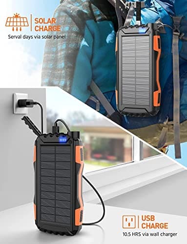 Solar Charger, Power Bank, 42800mAh Portable Charger Power Bank External Battery Pack 5V3.1A Qc 3.0 Fast Charger Built-in Super Bright Flashlight (Orange) - Image 5