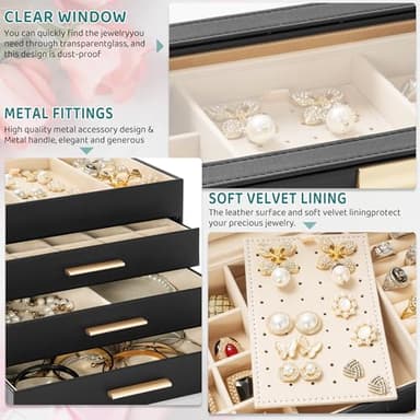 AKOZLIN 4-Tier Jewelry Box with Clear Glass Lid Functional Leather Jewelry Storage Organizer Case 3 Drawers for Women Girls Necklace Ring Bracelet Earring Black - Image 3