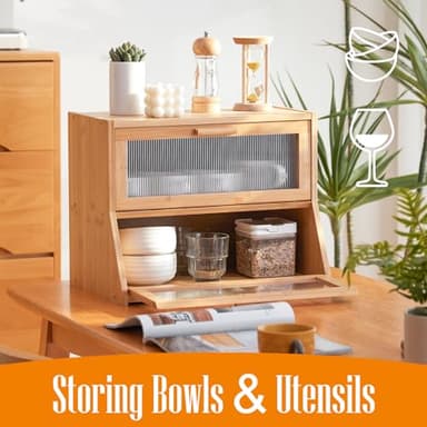 GHWIE Double Layer Bamboo Bread Box for Kitchen Counter,Large Capacity Bread Storage Bin,Bread Container with Acrylic Wavy Door Panel (Natural, Medium) - Image 6