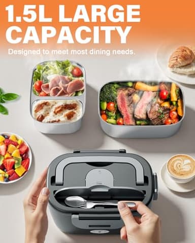 Geveniss Electric Lunch Box for Men, Women & Adults - 80W Fast Heating - Heated Lunch Box with Dual 1.5L SS Containers - Portable Food Warmer for Car, Truck, Office - Image 2